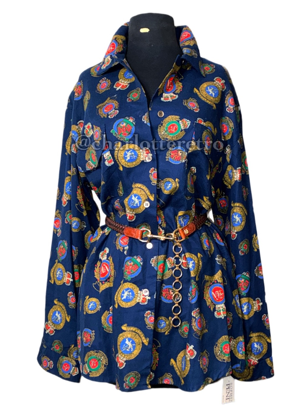 vtg PENDLETON Sophisticates Knockabout Blouse Navy Blue Crest Cotton
